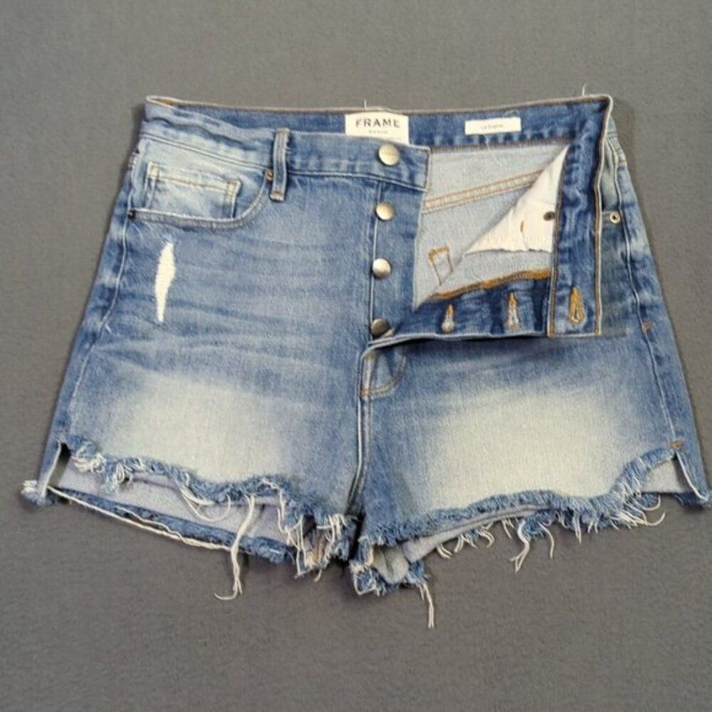 Frame Jean Shorts Women's 29 Blue Chloe Frayed Le Original Button Fly Denim